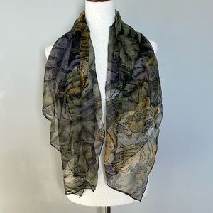 Bengal Tiger Jungle Print Square Scarf Blue Green with Gold Metallic Thread